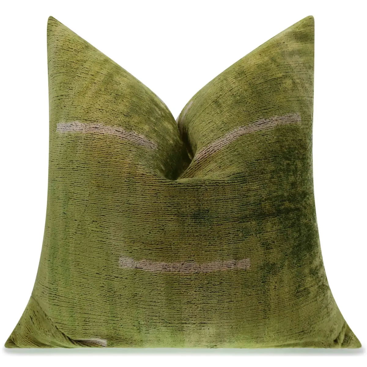 Handmade Silk Velvet Minimalist Throw Pillow - 20x20 Green with White Accent Lines Down Feather Insert - Canvello