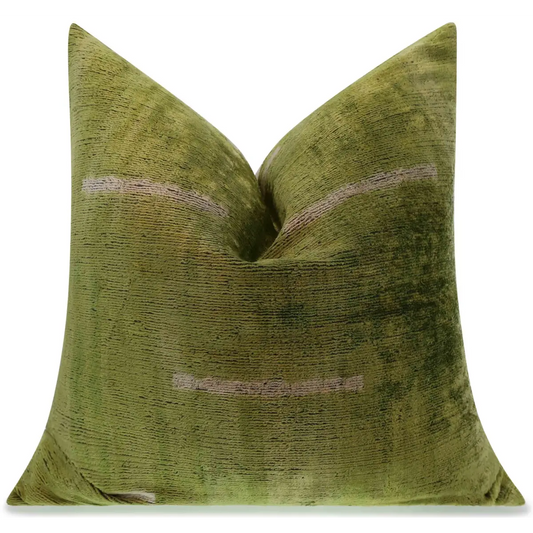 Handmade Silk Velvet Minimalist Throw Pillow - 20x20 Green with White Accent Lines Down Feather Insert - Canvello