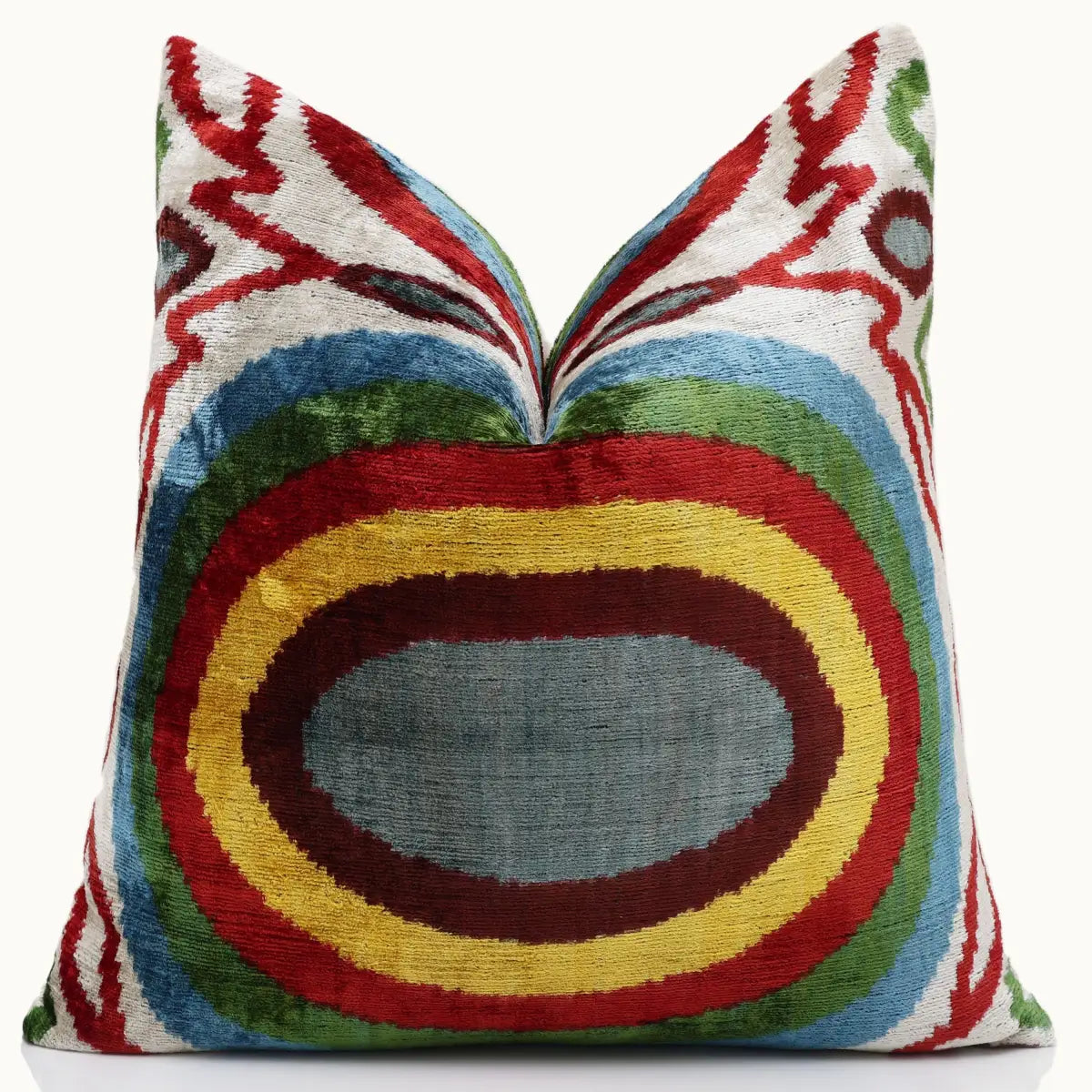 Handmade Silk Velvet Pillow 20x20 – Multicolor Ikat Circle Designer Cushion - Canvello
