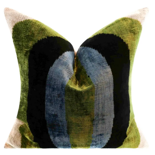 Handmade Silk Velvet Striped Throw Pillow - 16x16 Bold Green Blue and Black Design with Down Feather Insert - Canvello