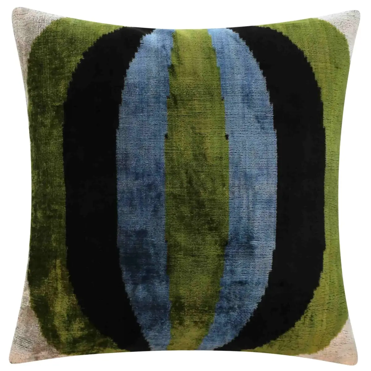 Handmade Silk Velvet Striped Throw Pillow - 16x16 Bold Green Blue and Black Design with Down Feather Insert - Canvello