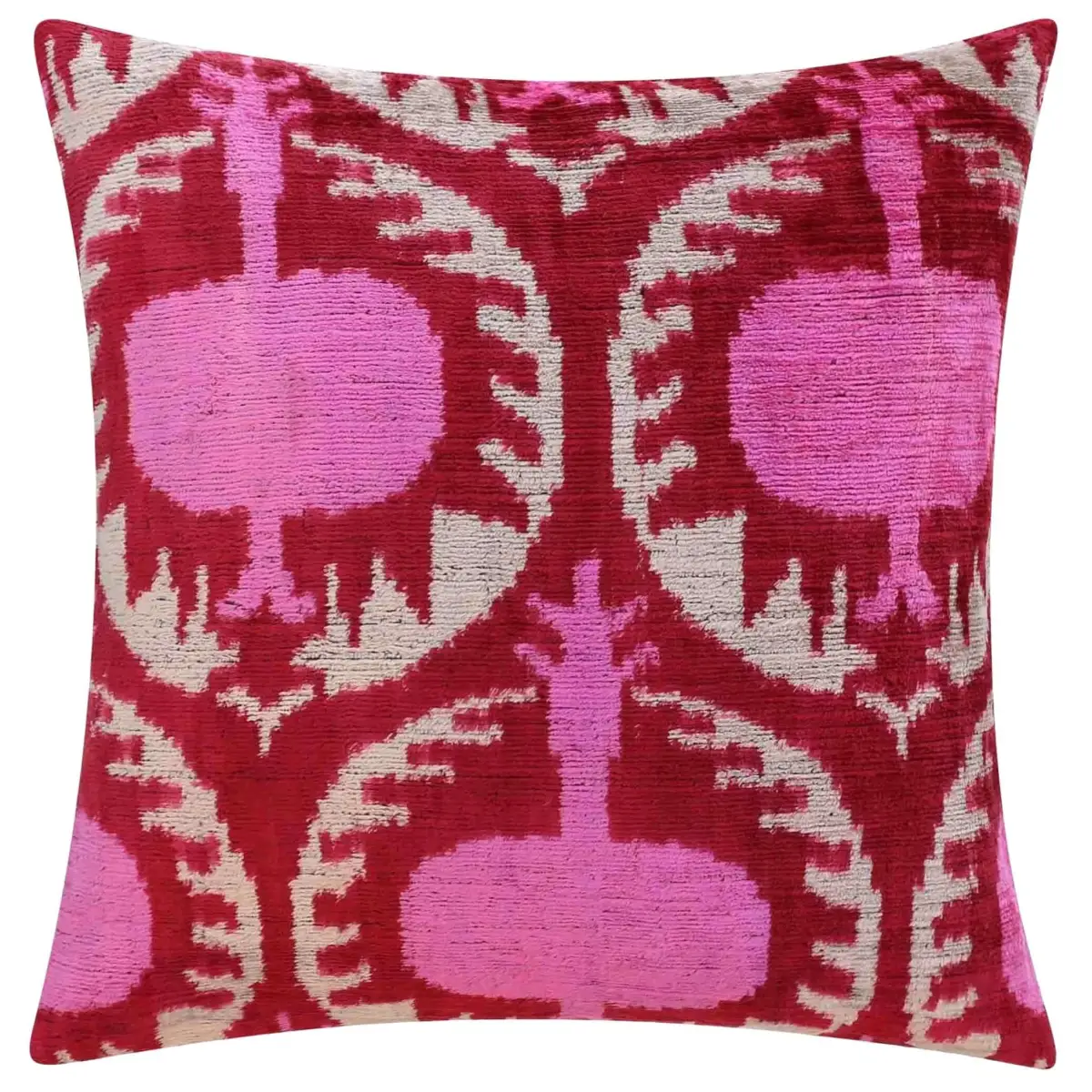 Handmade Silk Velvet Throw Pillow - 16x16 Red and Pink Traditional Design with Down Feather Insert - Canvello