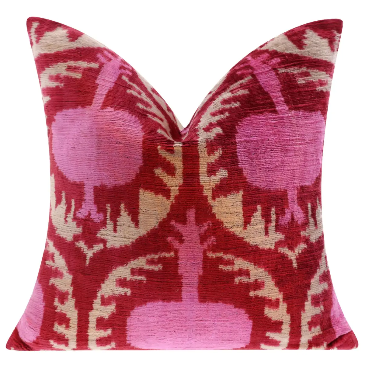Handmade Silk Velvet Throw Pillow - 16x16 Red and Pink Traditional Design with Down Feather Insert - Canvello