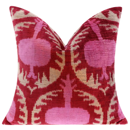 Handmade Silk Velvet Throw Pillow - 16x16 Red and Pink Traditional Design with Down Feather Insert - Canvello