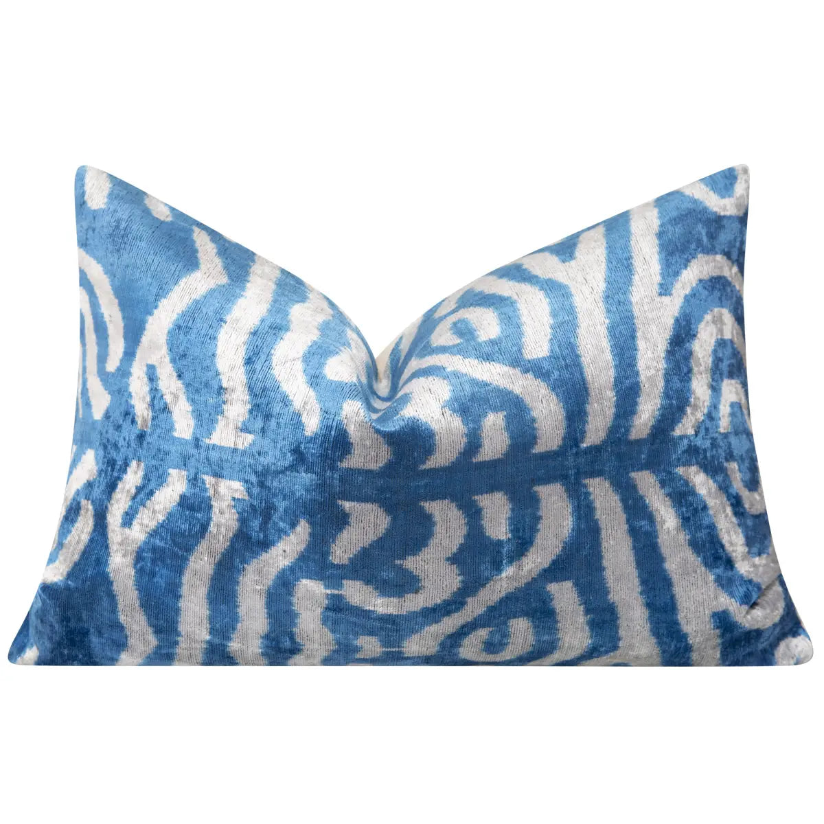 Luxury Silk Velvet Throw Pillow - Blue & White Tiger Print Lumbar 16x24’’ - Canvello