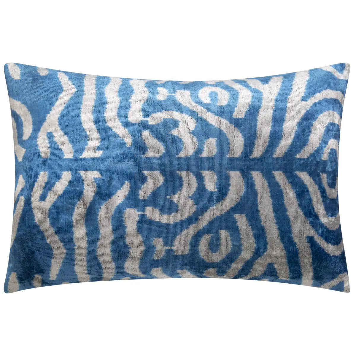 Luxury Silk Velvet Throw Pillow - Blue & White Tiger Print Lumbar 16x24’’ - Canvello