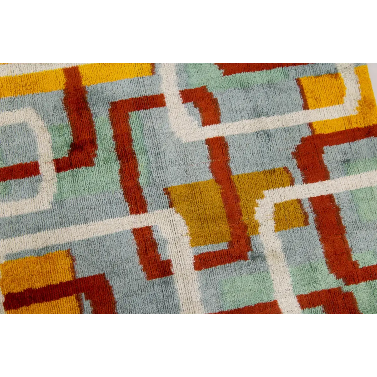 Handmade Silk Velvet Throw Pillow - 20x20 Modern Geometric Design in Burnt Orange Yellow and Mint Green with Down