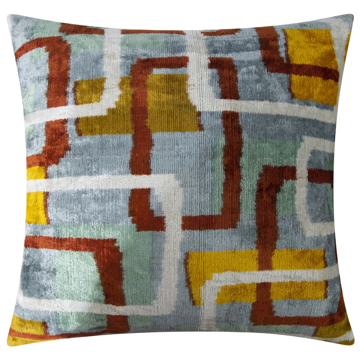 Handmade Silk Velvet Throw Pillow - 20x20 Modern Geometric Design in Burnt Orange Yellow and Mint Green with Down