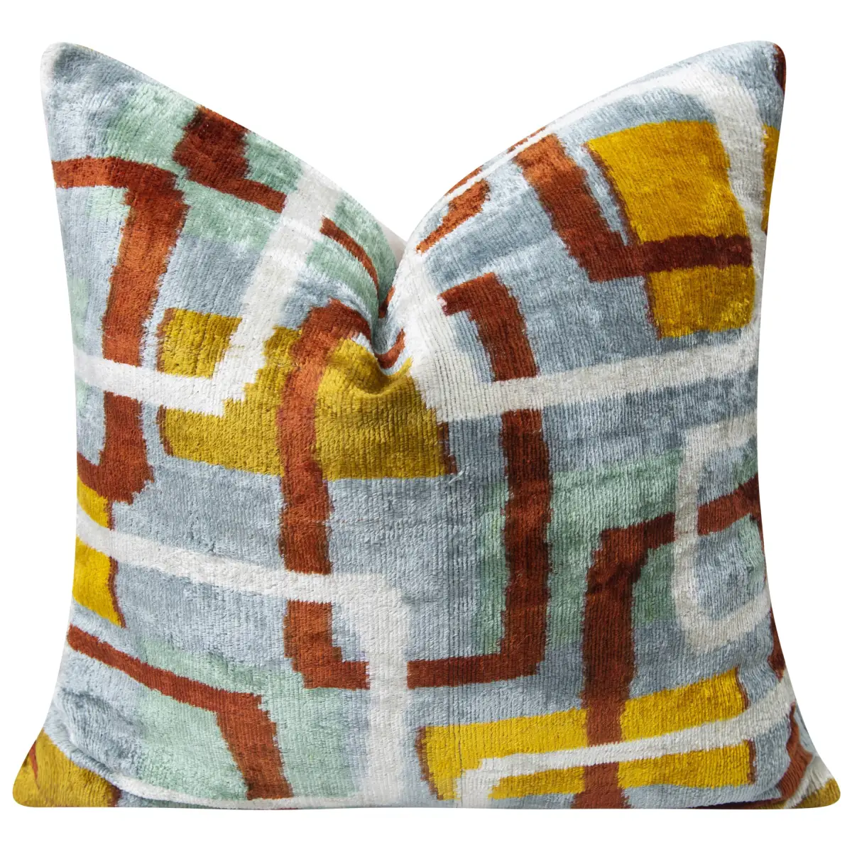 Handmade Silk Velvet Throw Pillow - 20x20 Modern Geometric Design in Burnt Orange Yellow and Mint Green with Down