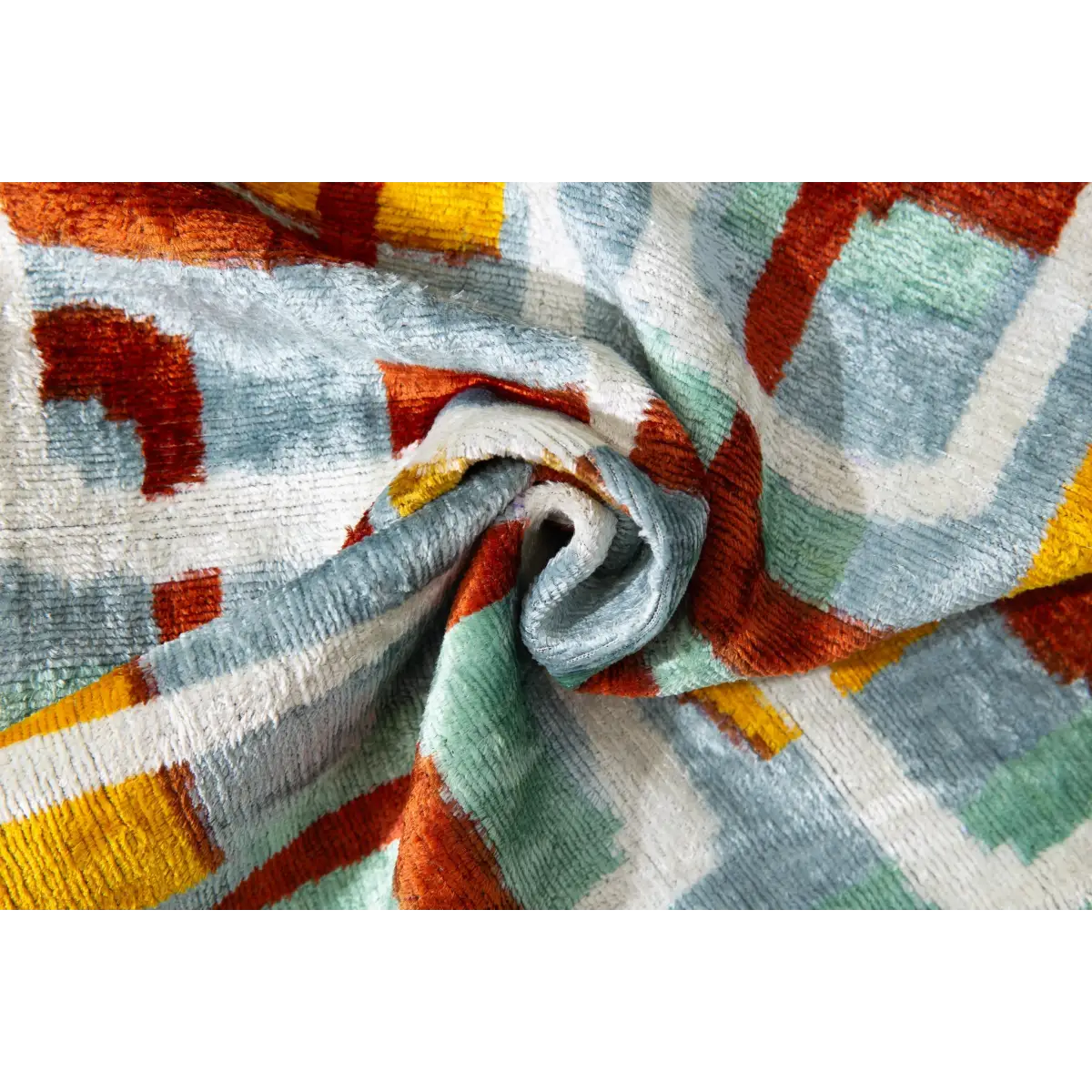 Handmade Silk Velvet Throw Pillow - 20x20 Modern Geometric Design in Burnt Orange Yellow and Mint Green with Down