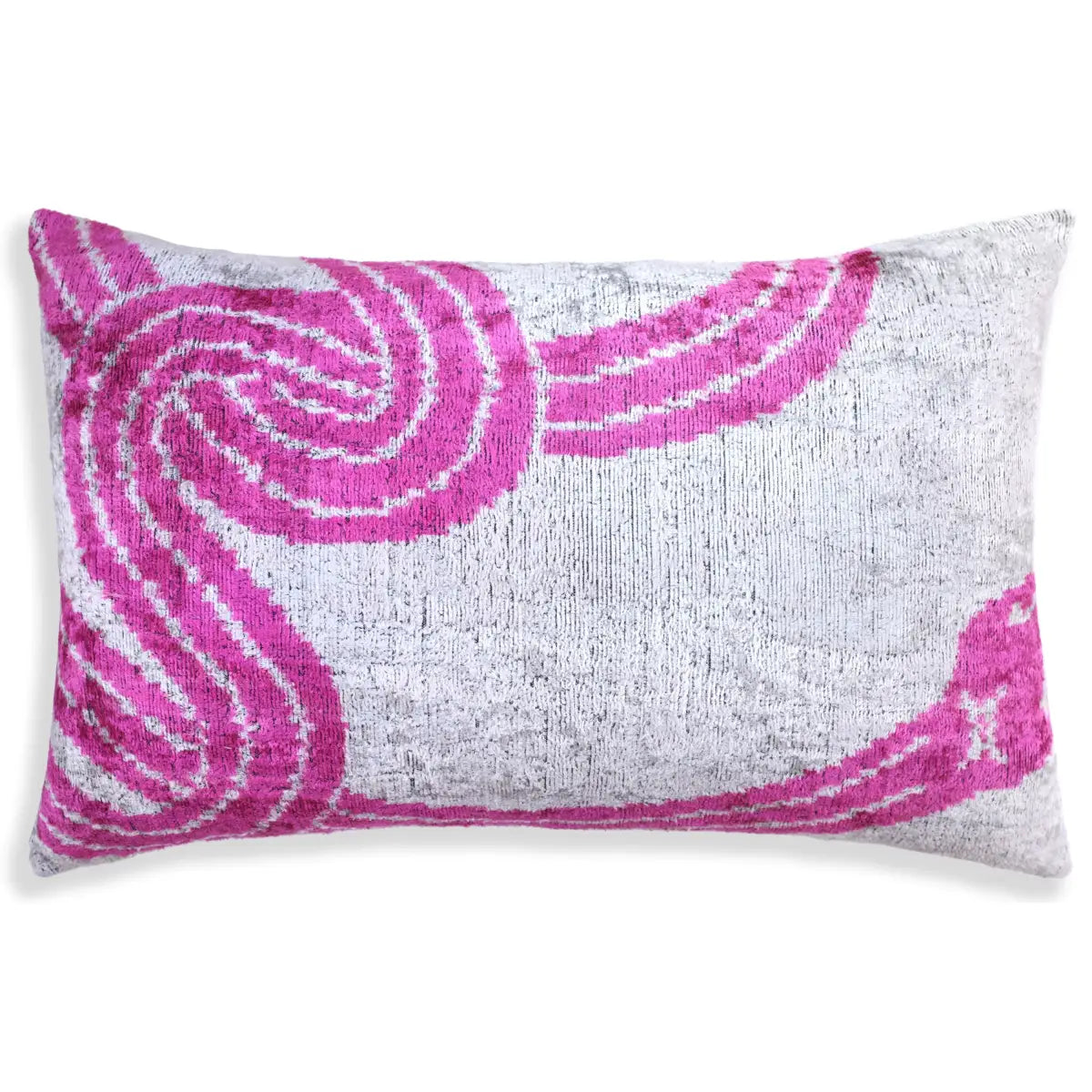 Velvet Lumbar Pillow - Handmade Silver & Pink Fuchsia 16x24 – Modern Abstract Designer Cushion - Canvello