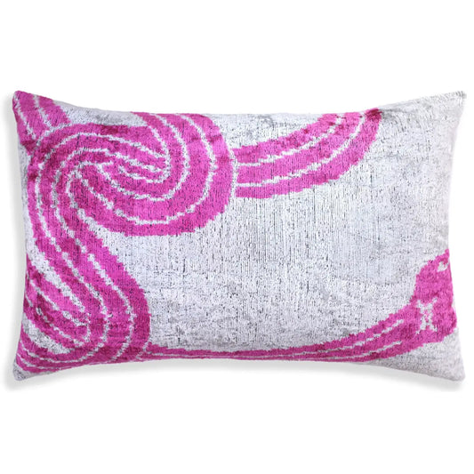 Velvet Lumbar Pillow - Handmade Silver & Pink Fuchsia 16x24 – Modern Abstract Designer Cushion - Canvello