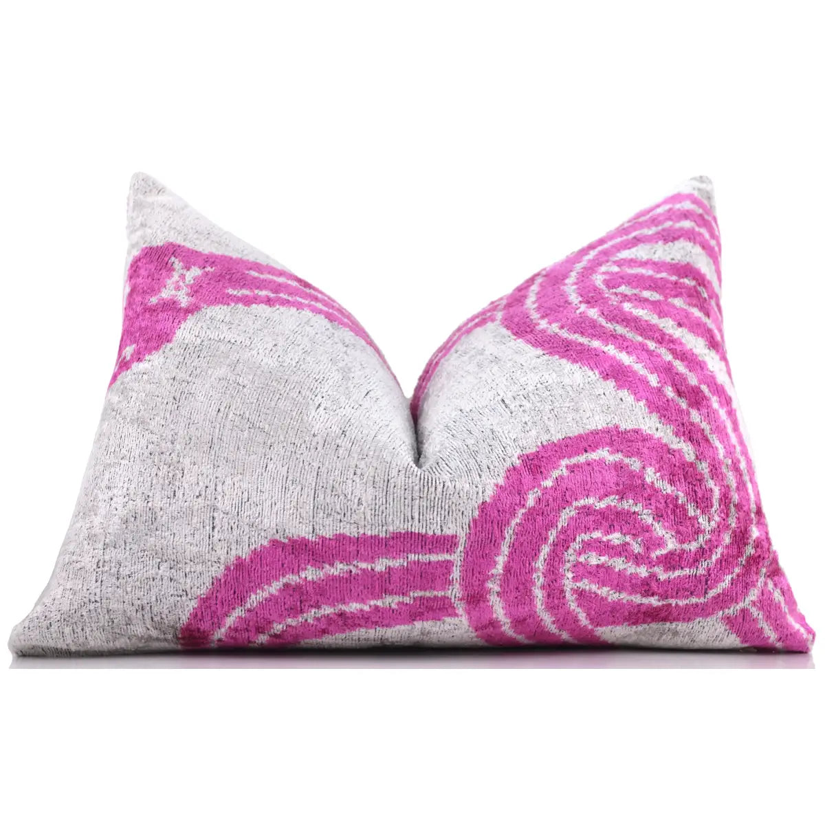 Velvet Lumbar Pillow - Handmade Silver & Pink Fuchsia 16x24 – Modern Abstract Designer Cushion - Canvello