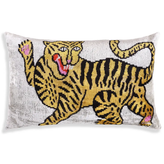 Handmade Tiger Design Velvet Lumbar Pillow 16x24 – Bold Artisan Statement Cushion - Canvello