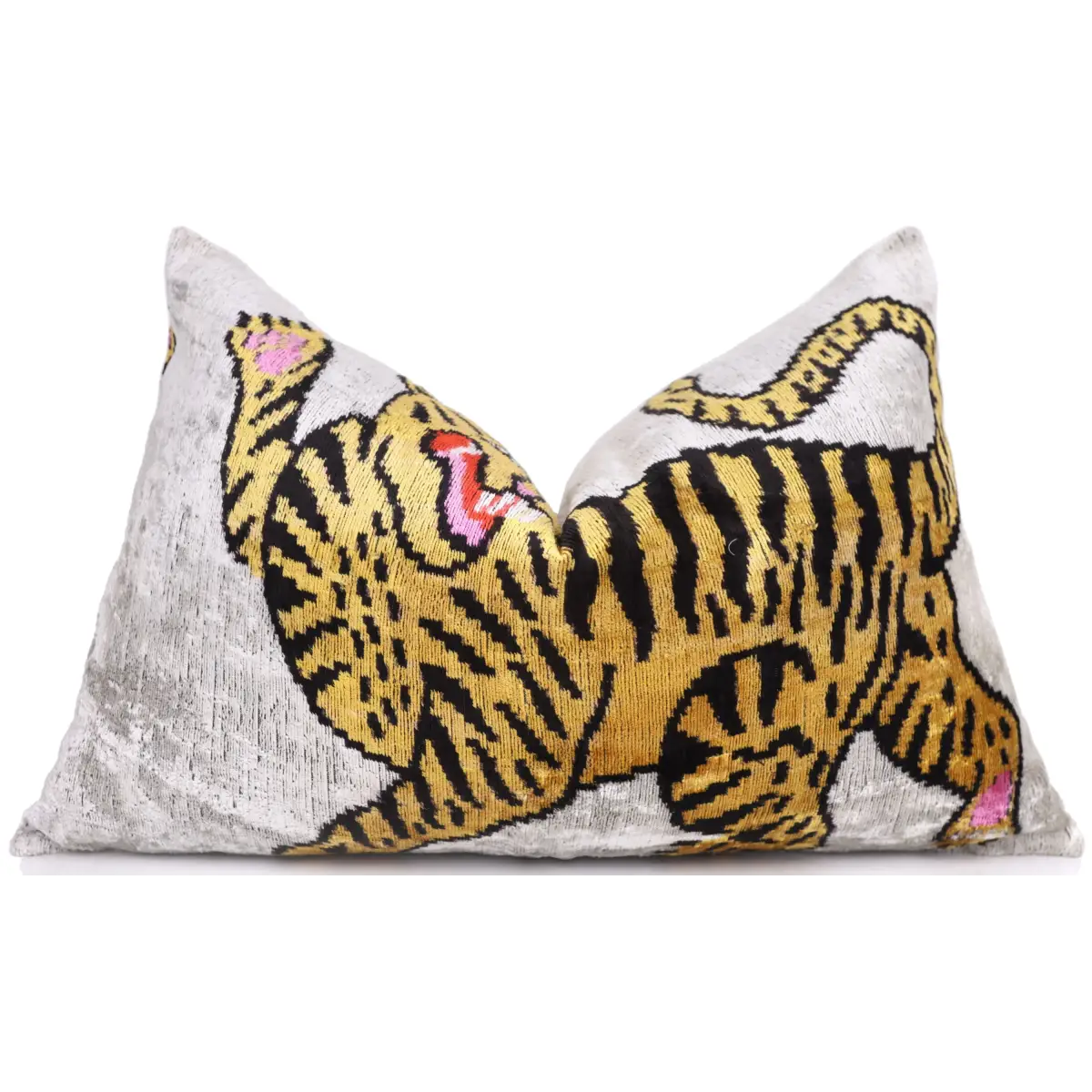Handmade Tiger Design Velvet Lumbar Pillow 16x24 – Bold Artisan Statement Cushion - Canvello