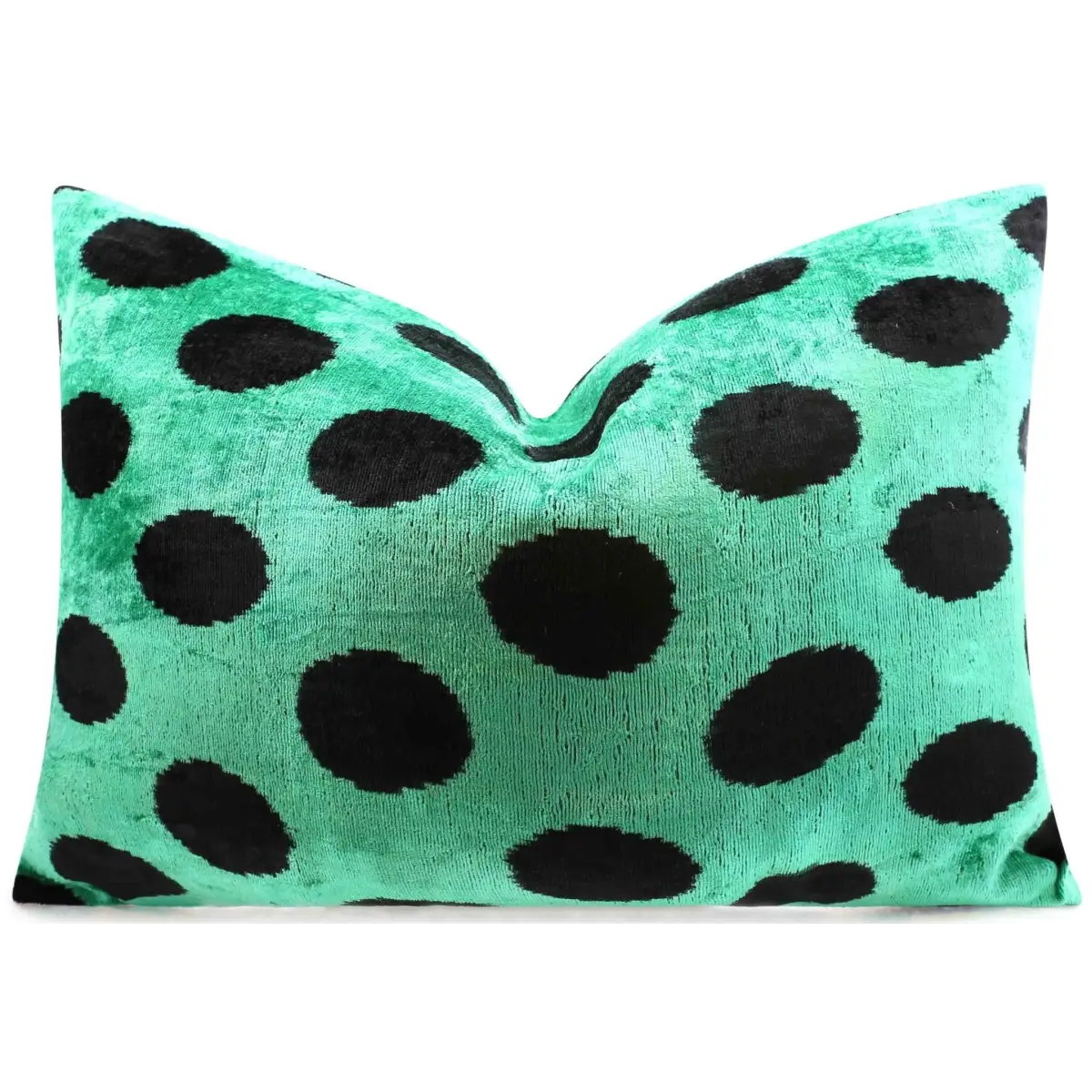Handmade Velvet Lumbar Pillow in Green and Black Polka Dot Design - High-Quality 16x24 Inch Decorative Accent