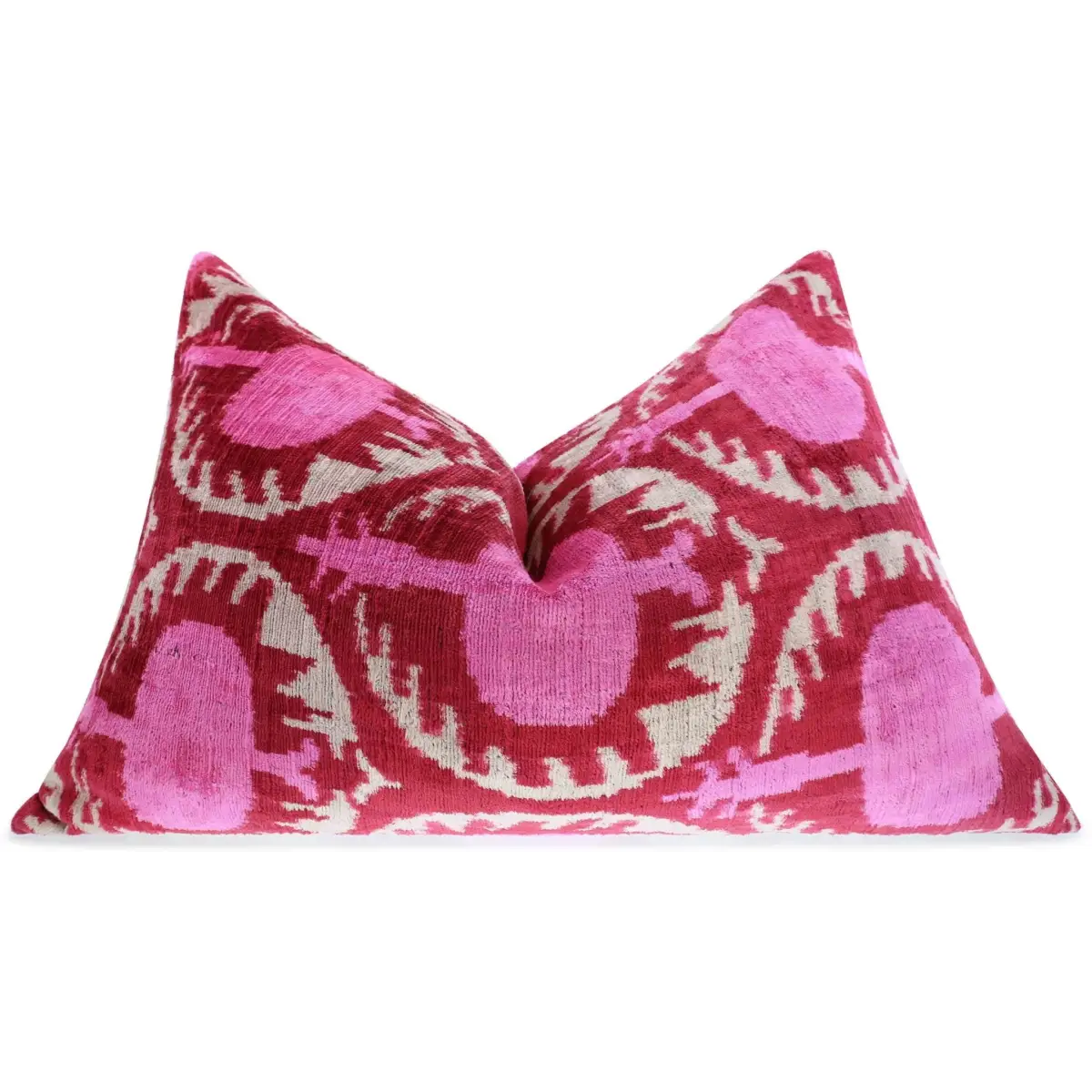 Handmade Velvet Lumbar Pillow in Red and Pink Ikat Floral Design - High-Quality 16x24 Inch Decorative Accent