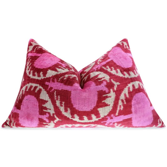 Handmade Velvet Lumbar Pillow in Red and Pink Ikat Floral Design - High-Quality 16x24 Inch Decorative Accent
