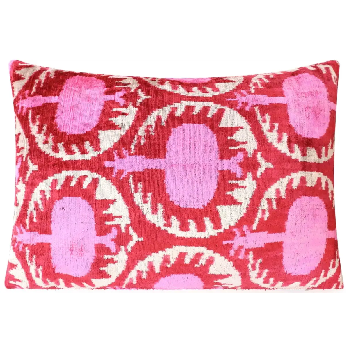 Handmade Velvet Lumbar Pillow in Red and Pink Ikat Floral Design - High-Quality 16x24 Inch Decorative Accent