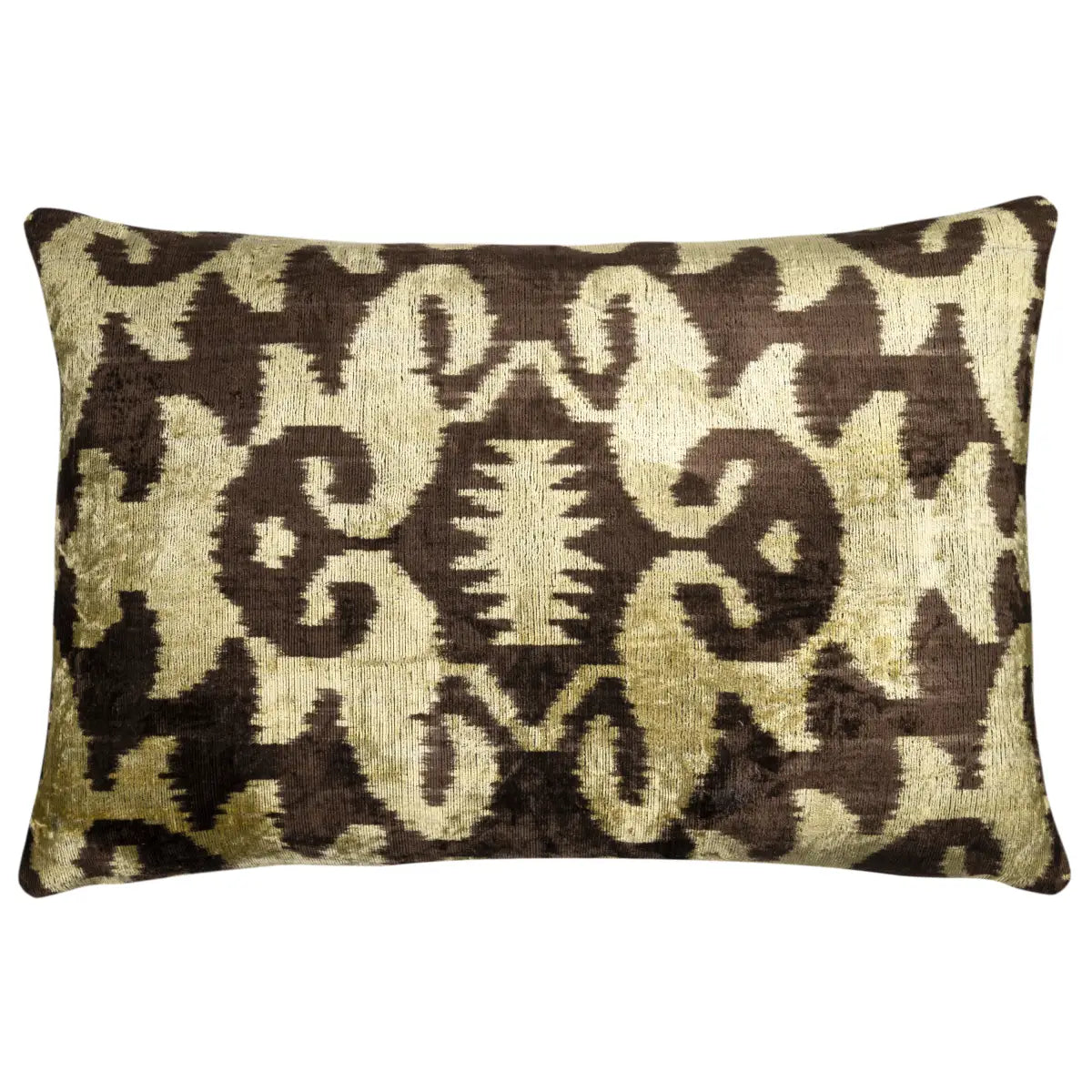 Luxury Silk Velvet Pillow – Olive & Brown Ikat Lumbar 16x24’’ - Canvello