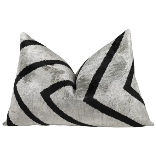 Luxury Silk Velvet Pillow – Silver & Black Chevron Lumbar 16x24’’ - Canvello