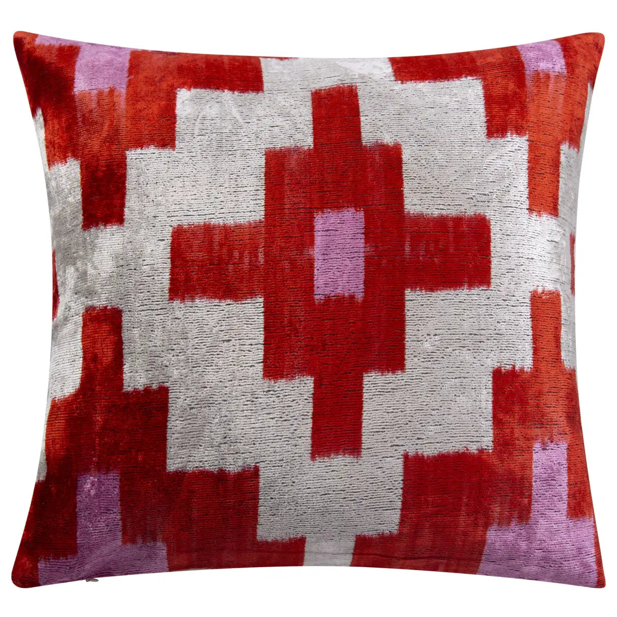Luxury Silk Velvet Pillow - Red Pink & Beige Geometric Cross Square 20x20’’ - Canvello