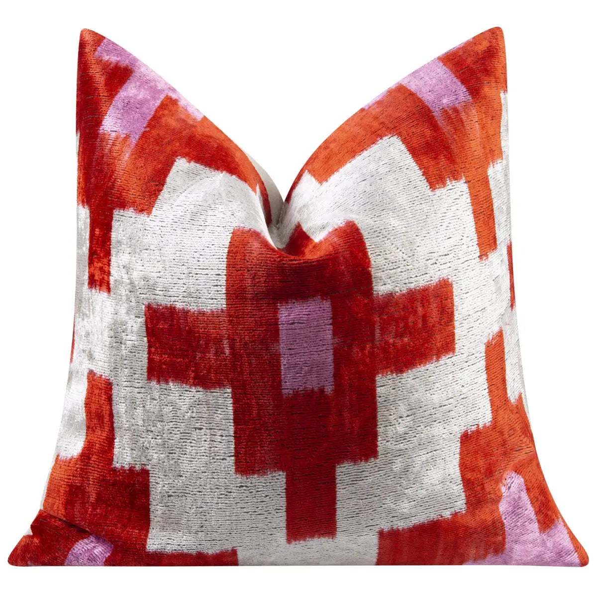Luxury Silk Velvet Pillow - Red Pink & Beige Geometric Cross Square 20x20’’ - Canvello