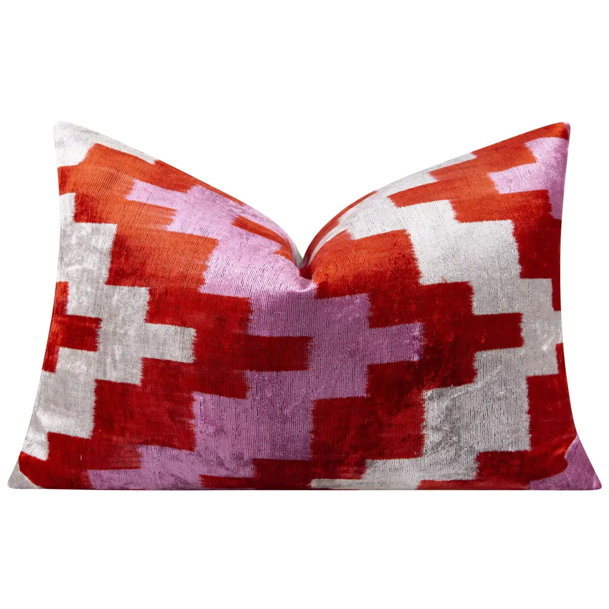 Luxury Silk Velvet Pillow - Red Pink & Beige Abstract Geometric Lumbar 16x24’’ - Canvello