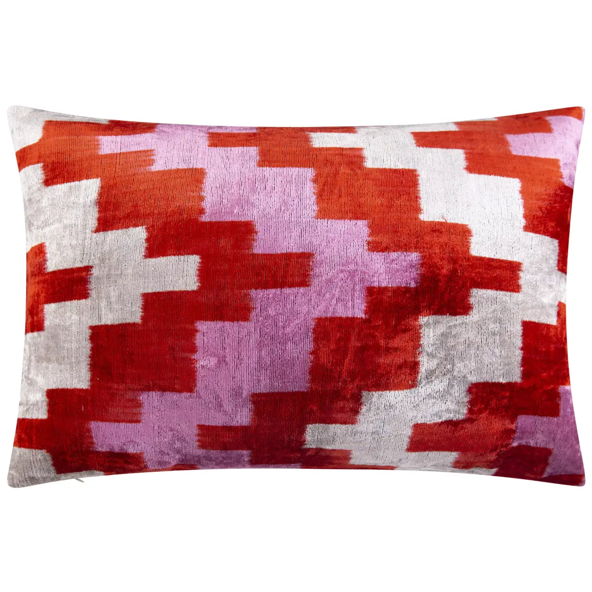 Luxury Silk Velvet Pillow - Red Pink & Beige Abstract Geometric Lumbar 16x24’’ - Canvello