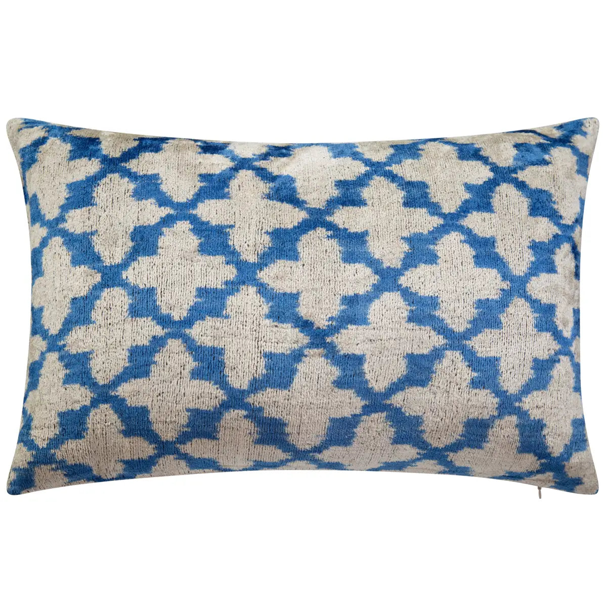 Luxury Silk Velvet Pillow - Blue & Beige Moroccan Trellis Lumbar 16x24’’ - Canvello