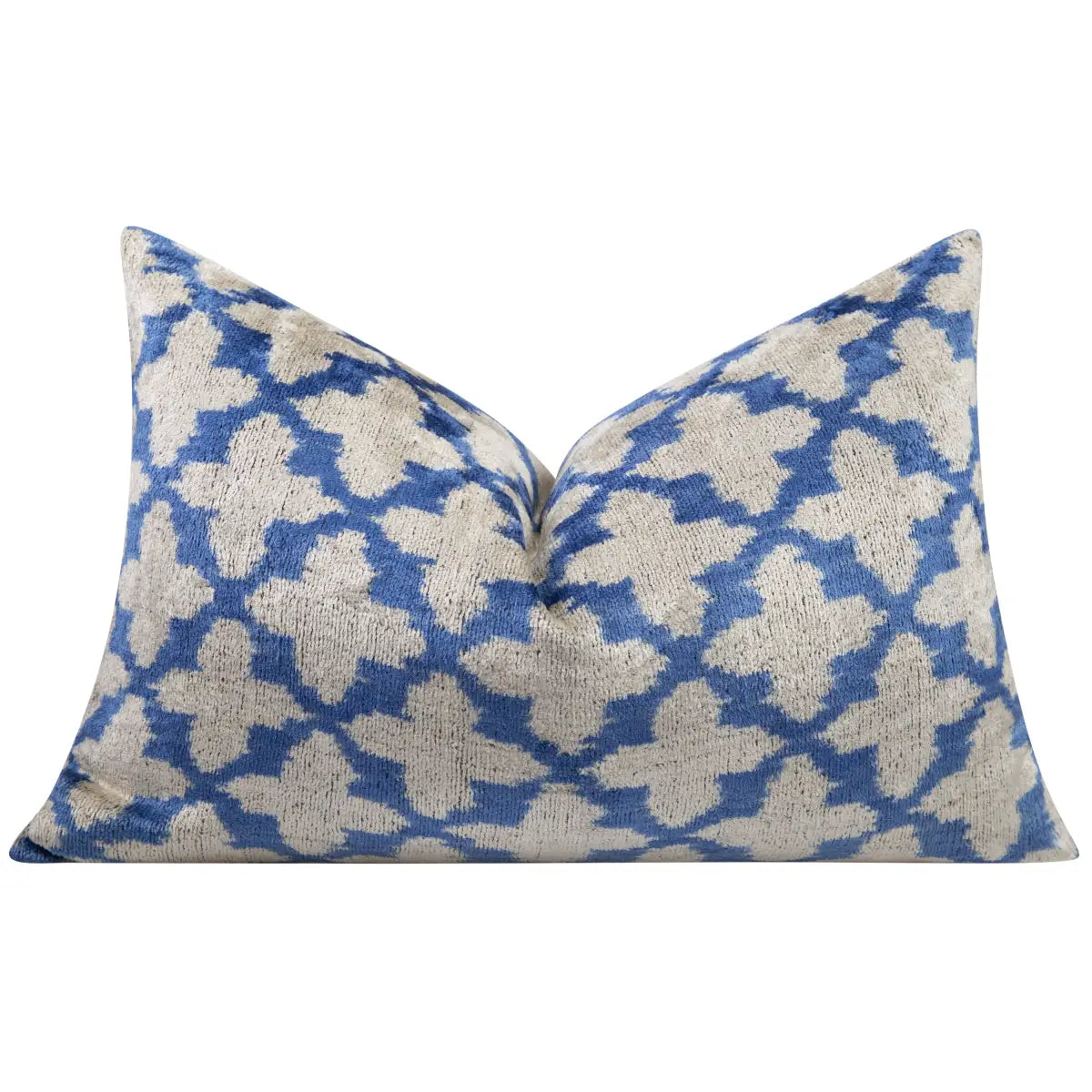 Luxury Silk Velvet Pillow - Blue & Beige Moroccan Trellis Lumbar 16x24’’ - Canvello