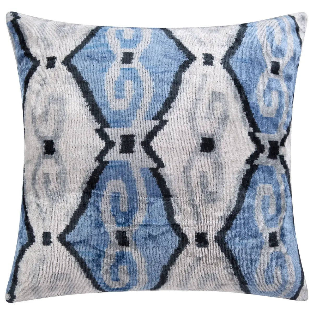 Luxury Silk Velvet Pillow - Blue Black & White Ikat Square 20x20’’ - Canvello