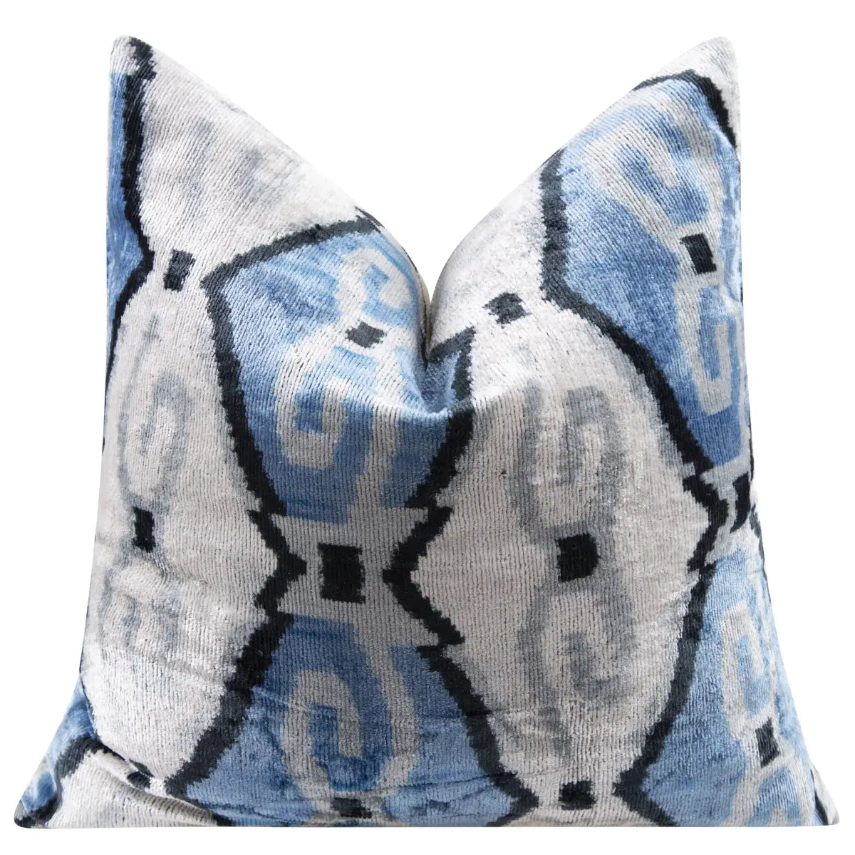 Luxury Silk Velvet Pillow - Blue Black & White Ikat Square 20x20’’ - Canvello