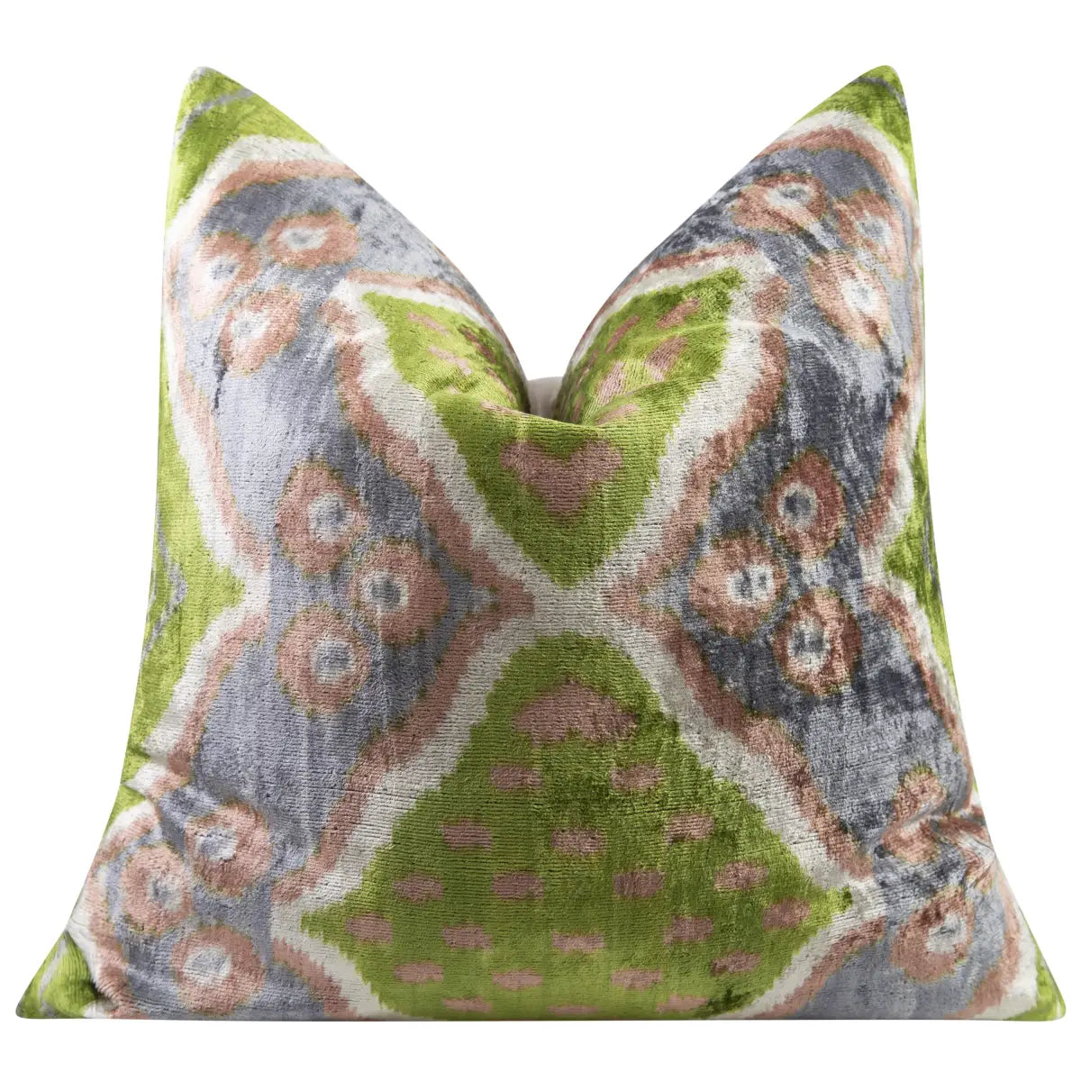 Luxury Silk Velvet Pillow - Green Gray & Beige Ikat Square 20x20’’ - Canvello