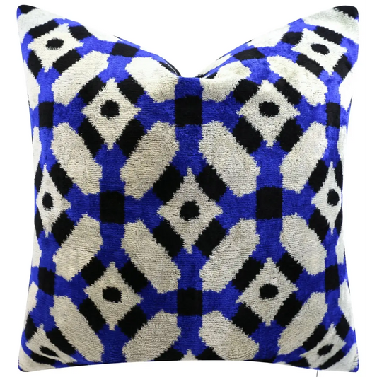 Handmade Velvet Throw Pillow with Blue and Black Geometric Design - High-Quality 20x20 Inch Decorative Accent