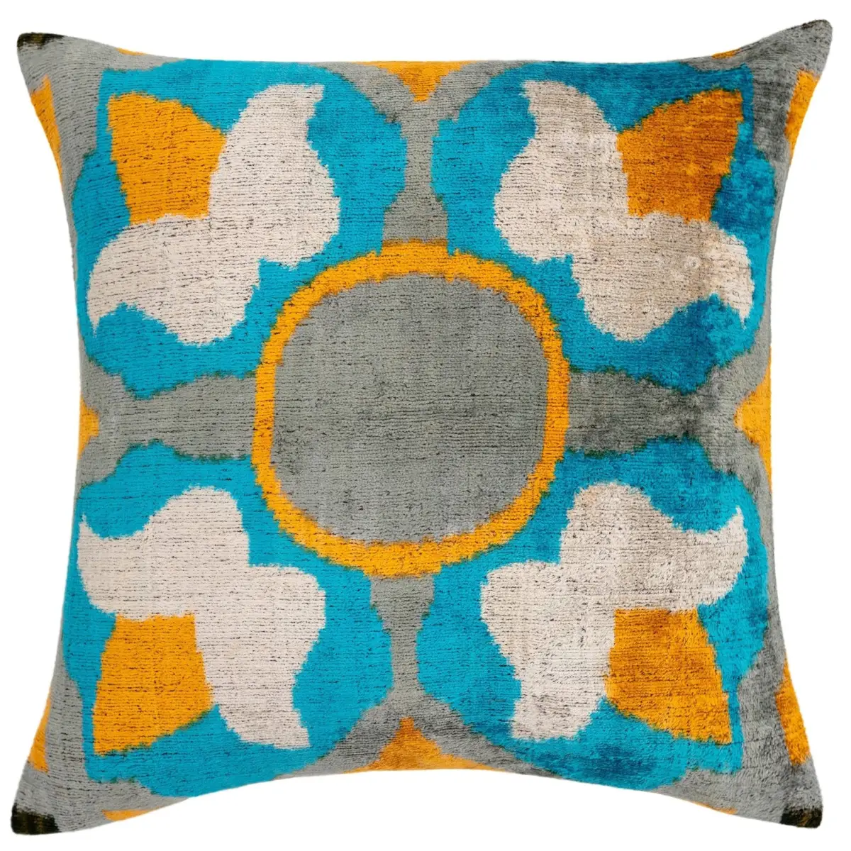 Handmade Velvet Throw Pillow with Blue Yellow and Gray Geometric Design - High-Quality 20x20 Inch Decorative Accent