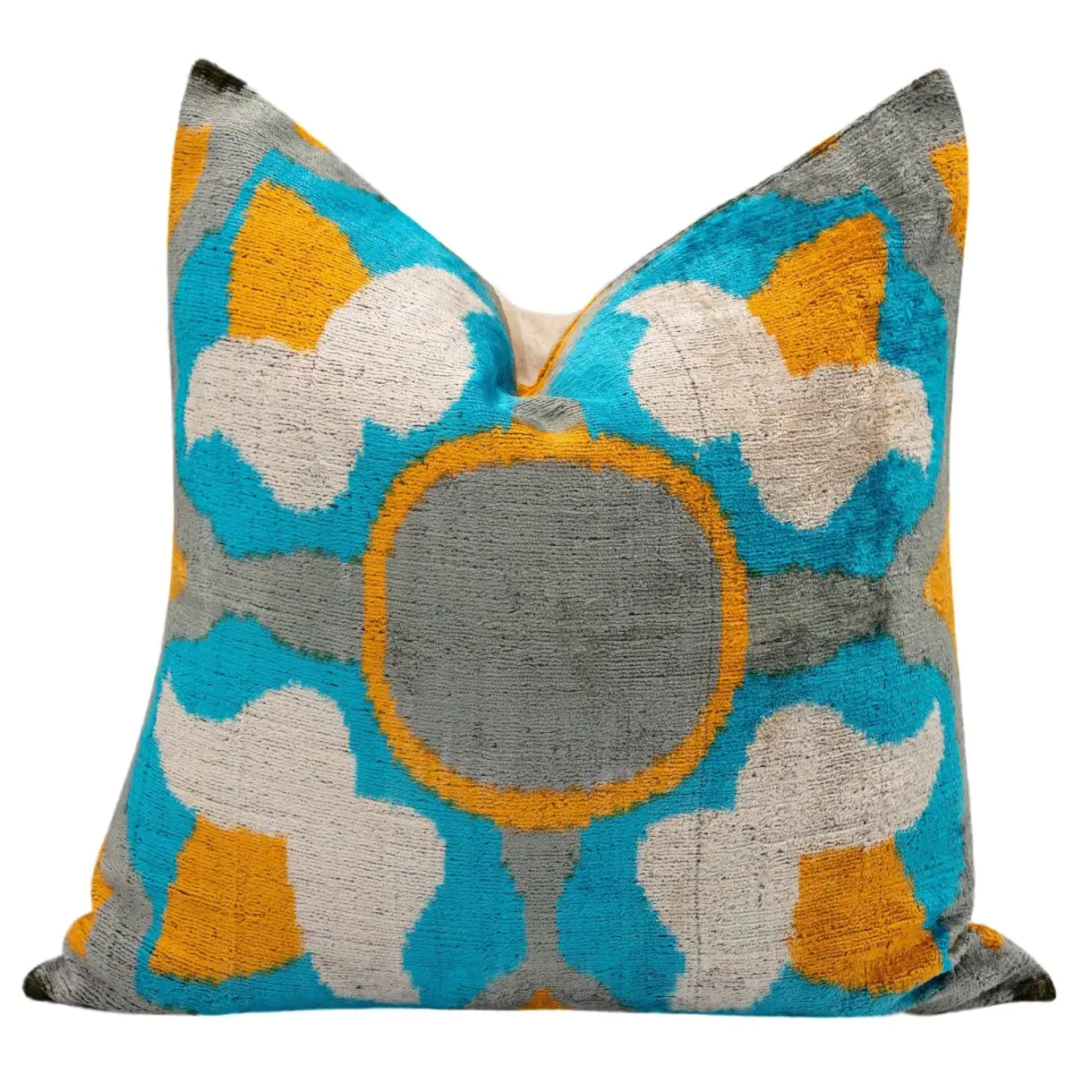Handmade Velvet Throw Pillow with Blue Yellow and Gray Geometric Design - High-Quality 20x20 Inch Decorative Accent