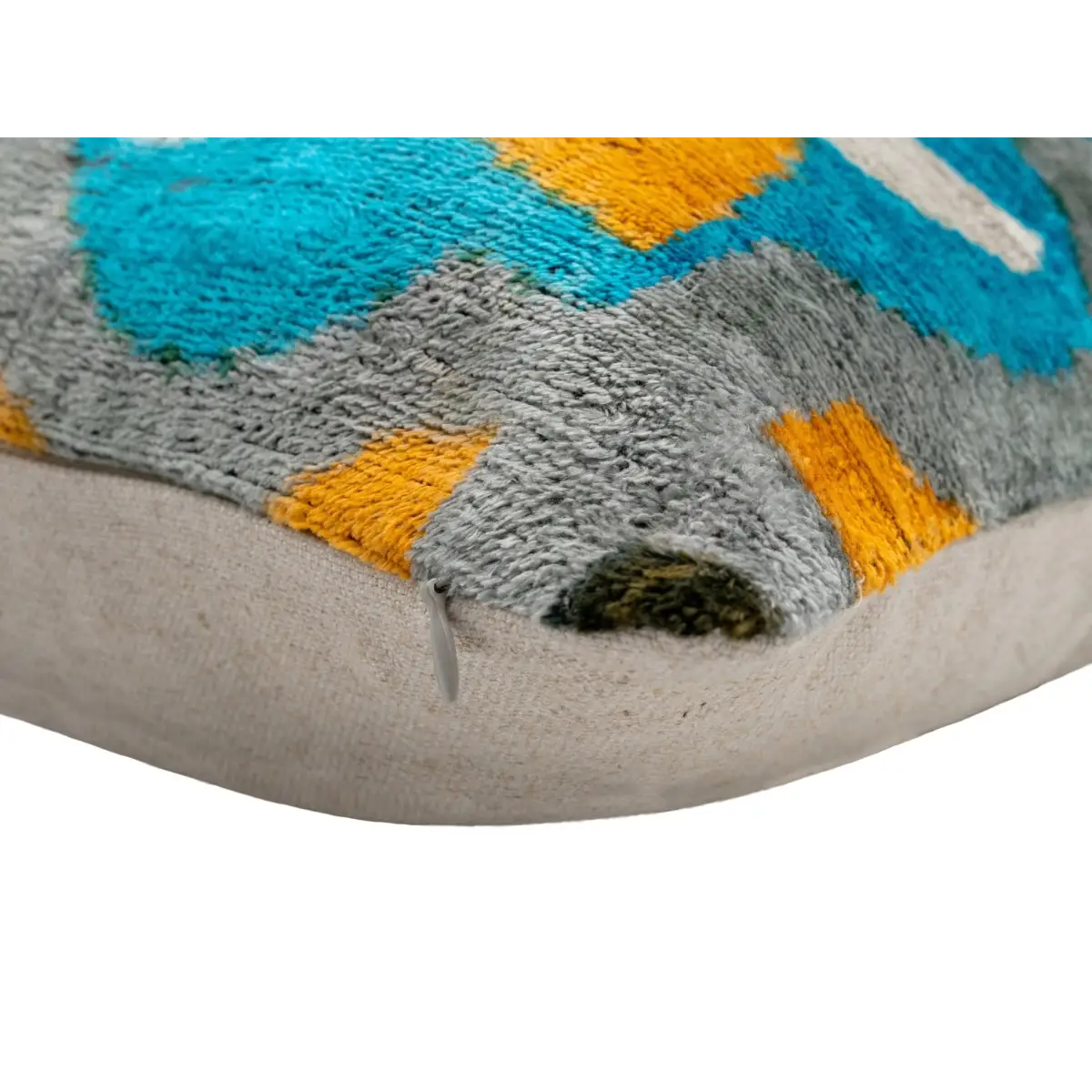 Handmade Velvet Throw Pillow with Blue Yellow and Gray Geometric Design - High-Quality 20x20 Inch Decorative Accent