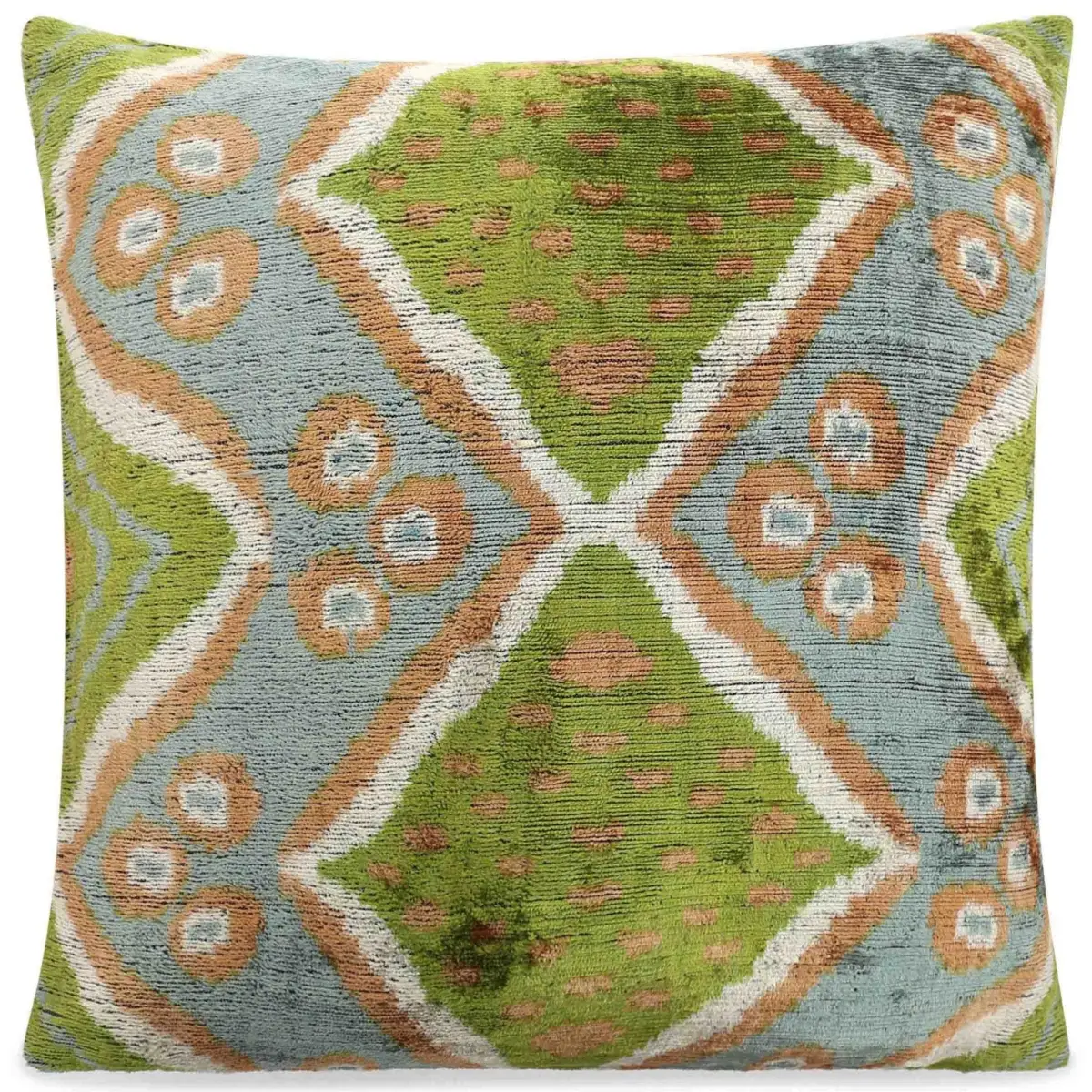 Handmade Velvet Throw Pillow with Green and Blue Geometric Ikat Design - High-Quality 20x20 Inch Decorative Accent