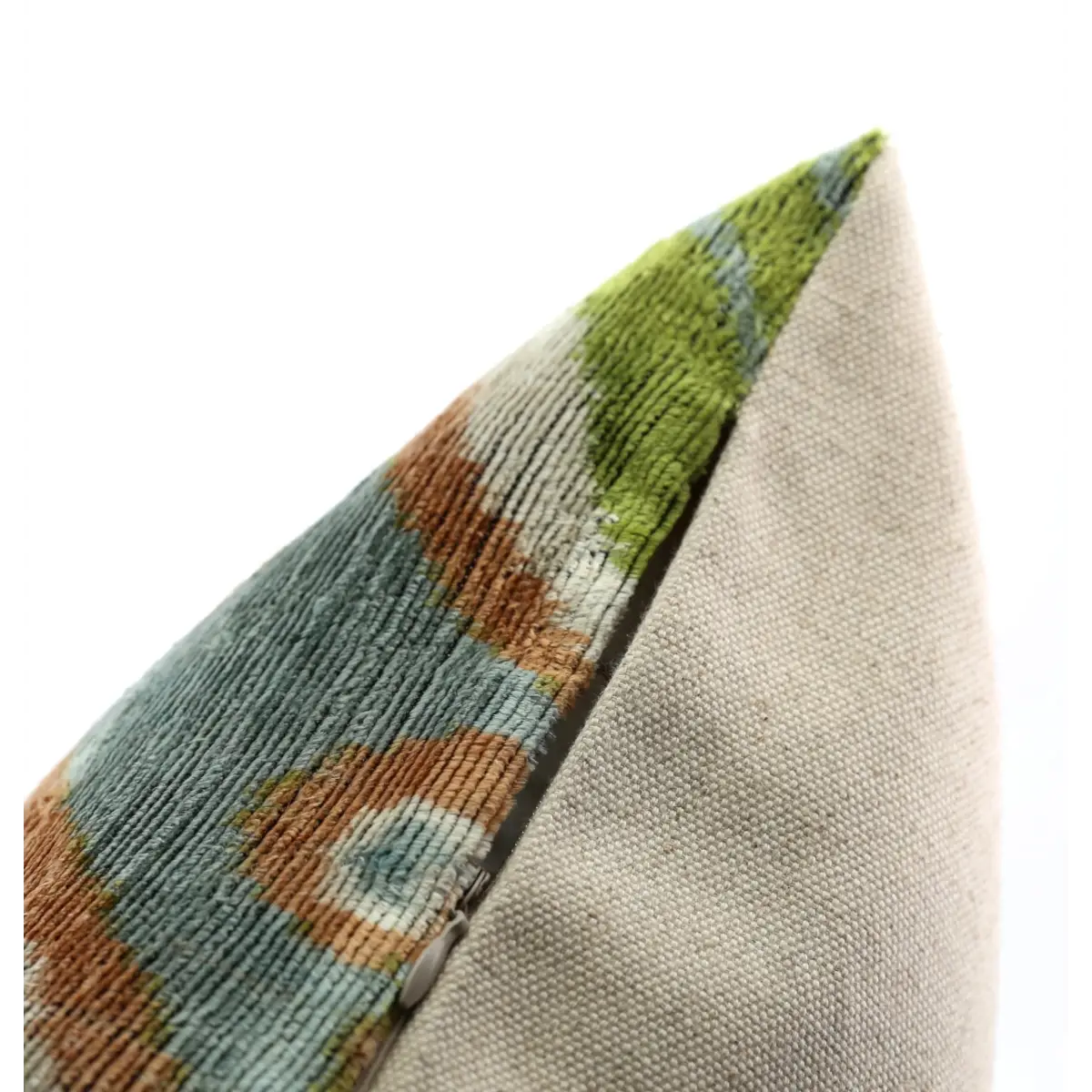 Handmade Velvet Throw Pillow with Green and Blue Geometric Ikat Design - High-Quality 20x20 Inch Decorative Accent