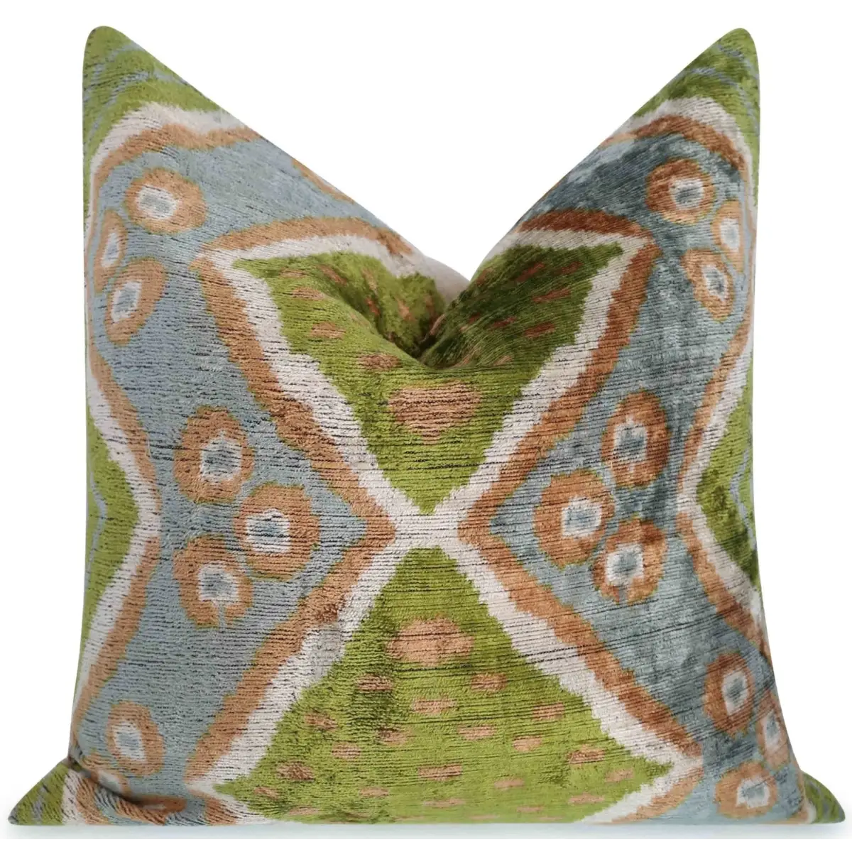 Handmade Velvet Throw Pillow with Green and Blue Geometric Ikat Design - High-Quality 20x20 Inch Decorative Accent