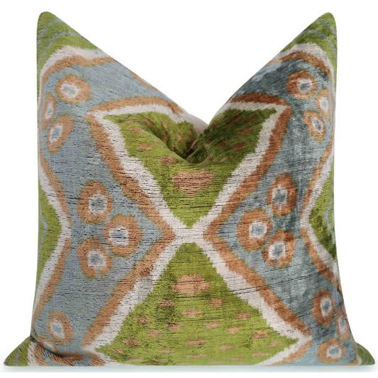 Handmade Velvet Throw Pillow with Green and Blue Geometric Ikat Design - High-Quality 20x20 Inch Decorative Accent