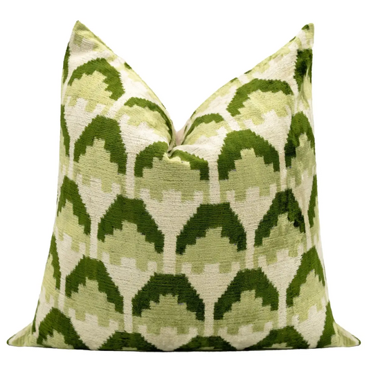 Handmade Velvet Throw Pillow with Green and Cream Geometric Design - High-Quality 20x20 Inch Decorative Accent
