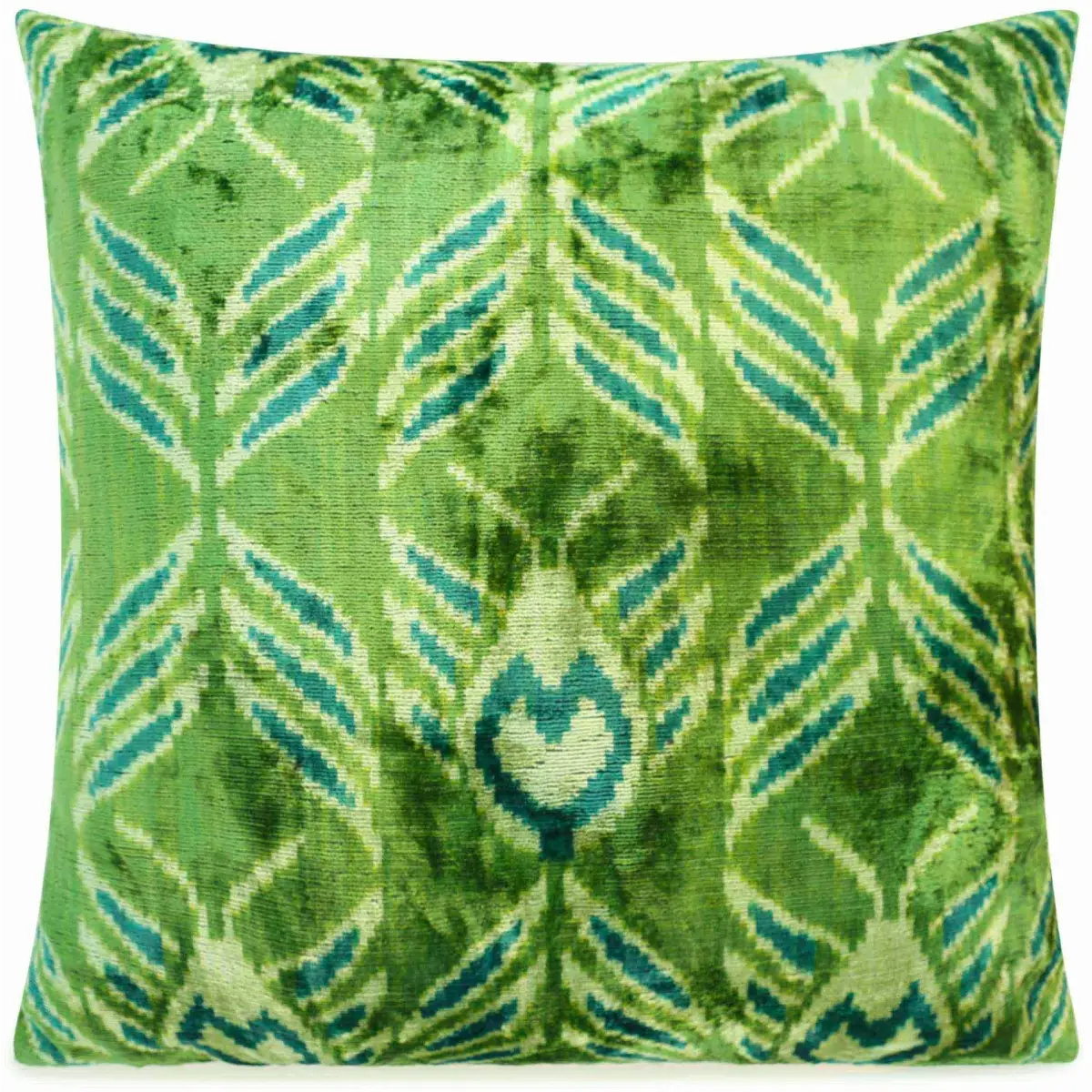 Handmade Velvet Throw Pillow with Green and Teal Ikat Design - High-Quality 20x20 Inch Decorative Accent with Premium