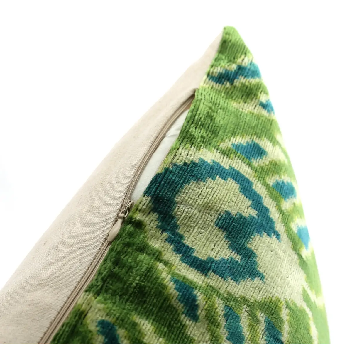 Handmade Velvet Throw Pillow with Green and Teal Ikat Design - High-Quality 20x20 Inch Decorative Accent with Premium
