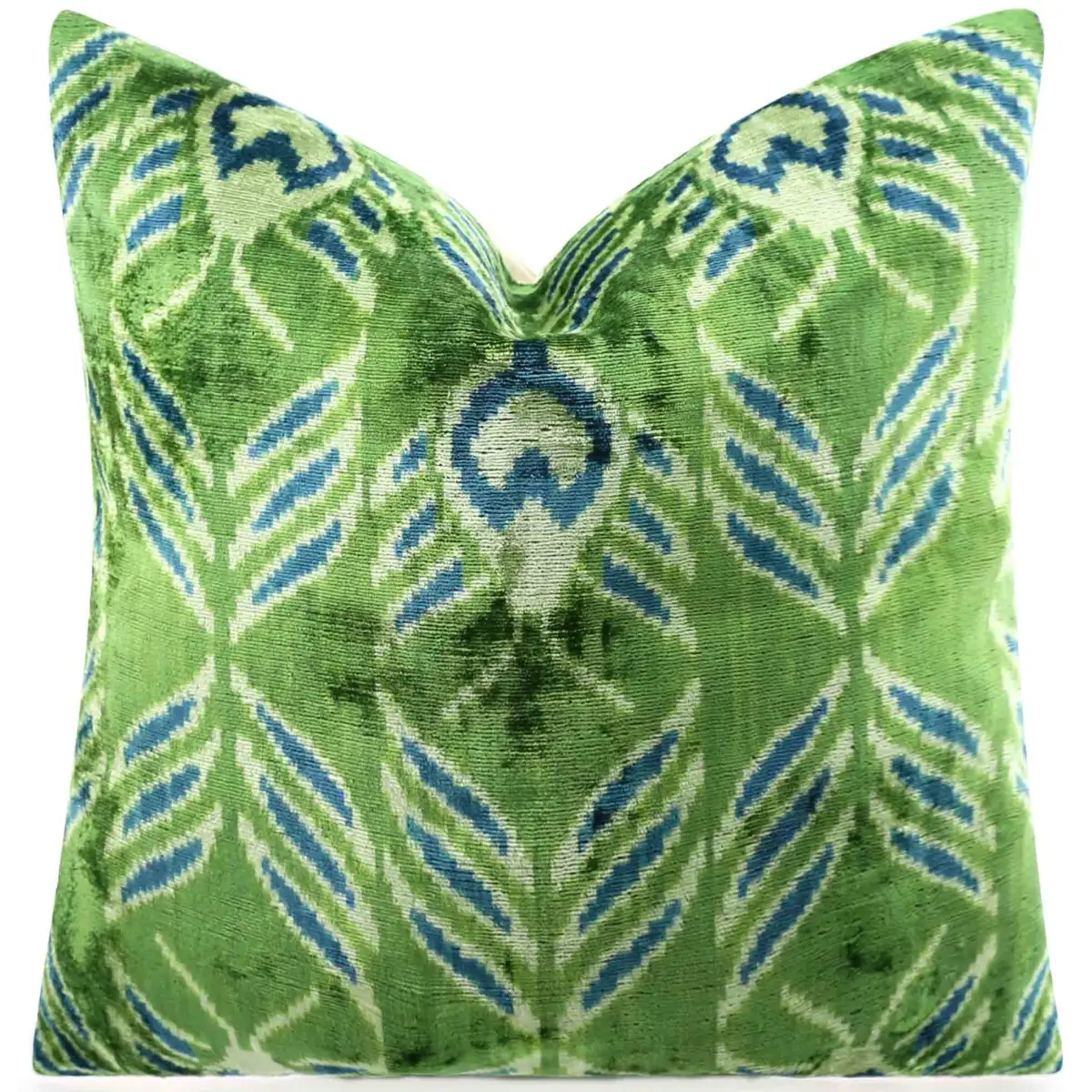 Handmade Velvet Throw Pillow with Green and Teal Ikat Design - High-Quality 20x20 Inch Decorative Accent with Premium