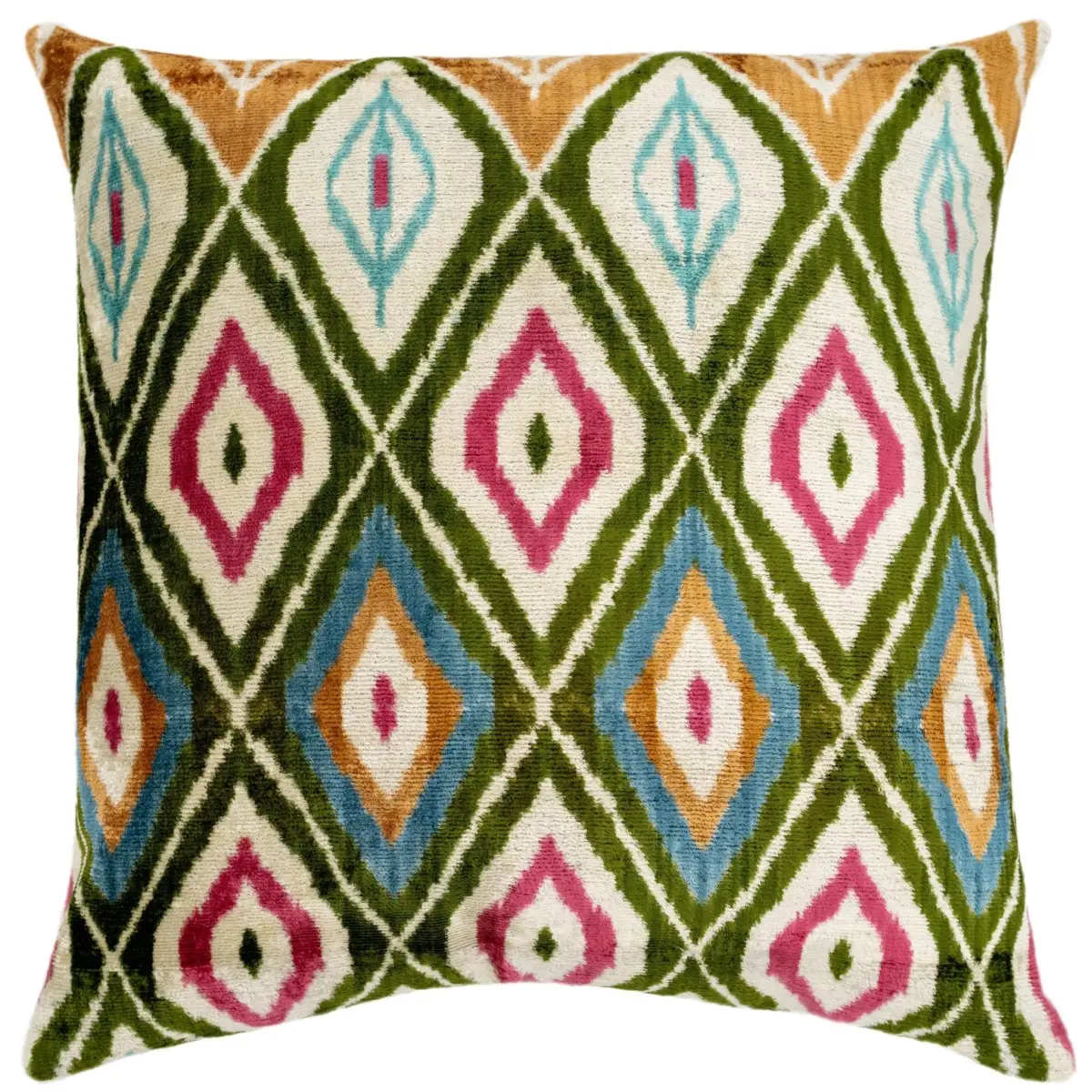 Handmade Velvet Throw Pillow with Multicolor Diamond Ikat Design - High-Quality 20x20 Inch Decorative Accent