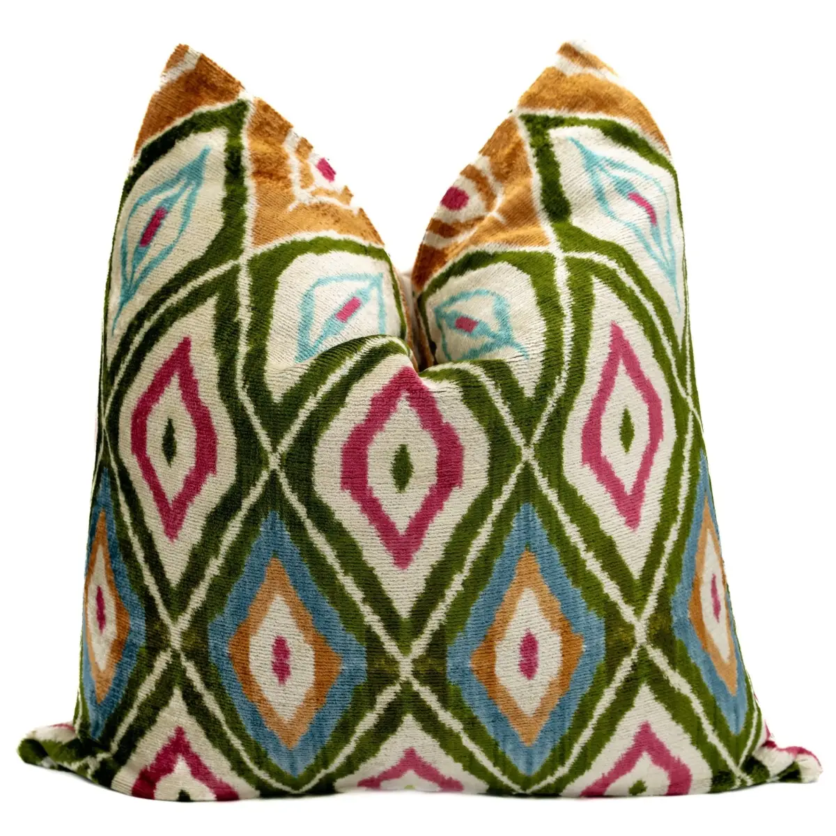 Handmade Velvet Throw Pillow with Multicolor Diamond Ikat Design - High-Quality 20x20 Inch Decorative Accent