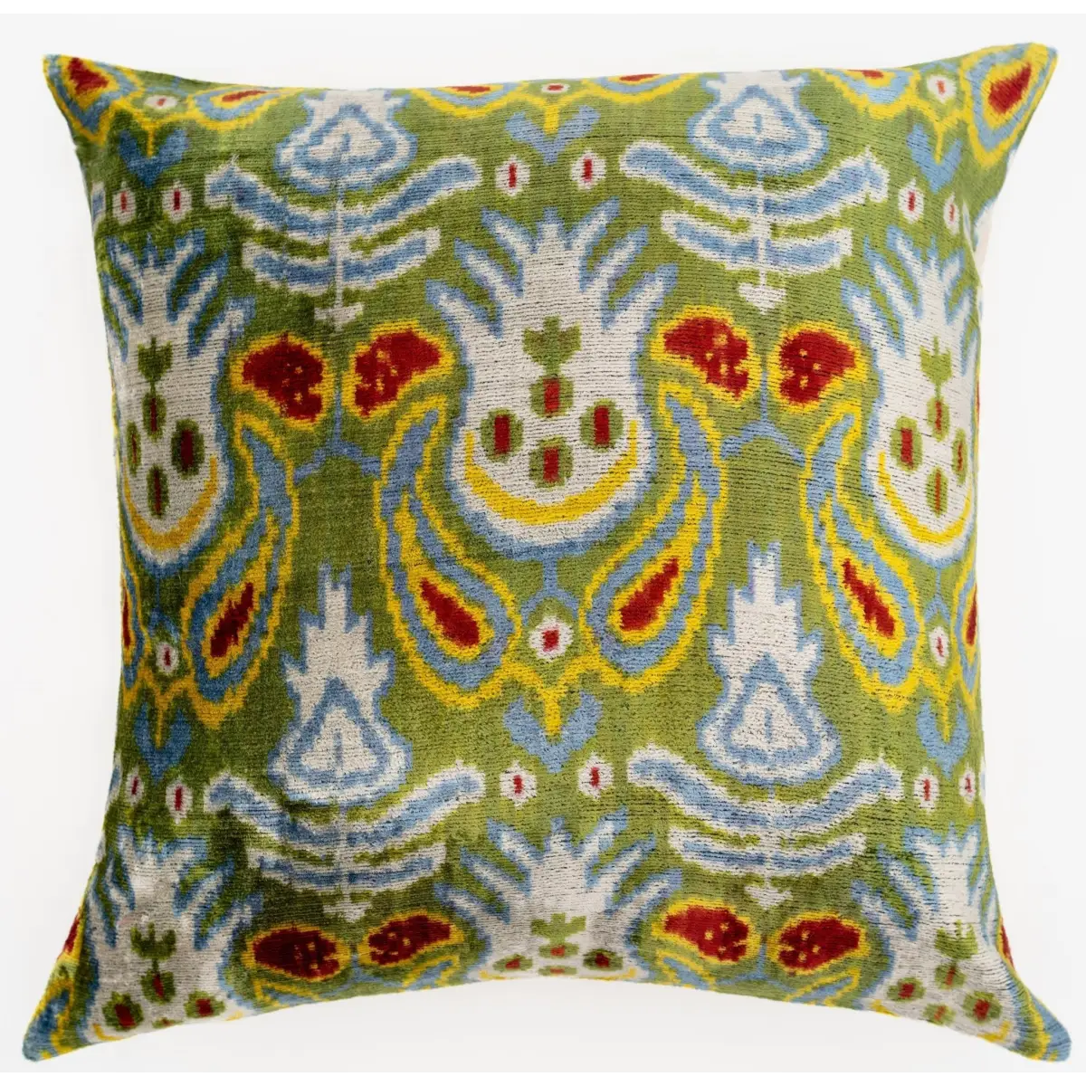 Handmade Velvet Throw Pillow with Multicolor Ikat Design - High-Quality 20x20 Inch Decorative Accent with Premium Down