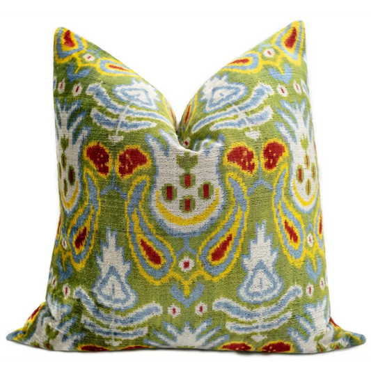 Handmade Velvet Throw Pillow with Multicolor Ikat Design - High-Quality 20x20 Inch Decorative Accent with Premium Down